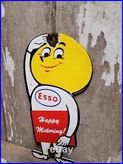 Vintage Esso Sign Motor Oil Boy Plaque Old Happy Motoring Service Porcelain Sign