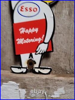 Vintage Esso Sign Motor Oil Boy Plaque Old Happy Motoring Service Porcelain Sign