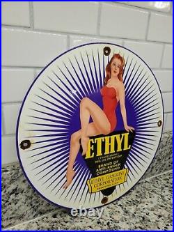 Vintage Ethyl Gasoline Porcelain Sign Motor Oil Station Service Pump Plate Girl