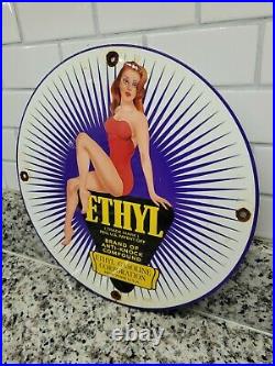 Vintage Ethyl Gasoline Porcelain Sign Motor Oil Station Service Pump Plate Girl