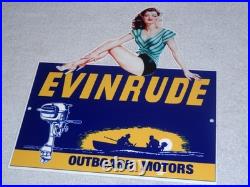 Vintage Evinrude Outboard Boat Motor Woman? 12 Metal Marine Gasoline Oil Sign Vintage Evinrude Outboard Boat Motor Woman? 12 Metal Marine Gasoline Oil Sign