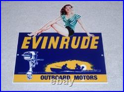 Vintage Evinrude Outboard Boat Motor Woman? 12 Metal Marine Gasoline Oil Sign Vintage Evinrude Outboard Boat Motor Woman? 12 Metal Marine Gasoline Oil Sign
