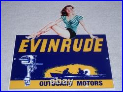 Vintage Evinrude Outboard Boat Motor Woman? 12 Metal Marine Gasoline Oil Sign Vintage Evinrude Outboard Boat Motor Woman? 12 Metal Marine Gasoline Oil Sign
