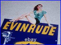 Vintage Evinrude Outboard Boat Motor Woman? 12 Metal Marine Gasoline Oil Sign Vintage Evinrude Outboard Boat Motor Woman? 12 Metal Marine Gasoline Oil Sign
