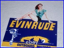 Vintage Evinrude Outboard Boat Motor Woman? 12 Metal Marine Gasoline Oil Sign Vintage Evinrude Outboard Boat Motor Woman? 12 Metal Marine Gasoline Oil Sign