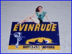 Vintage Evinrude Outboard Boat Motor Woman? 12 Metal Marine Gasoline Oil Sign Vintage Evinrude Outboard Boat Motor Woman? 12 Metal Marine Gasoline Oil Sign
