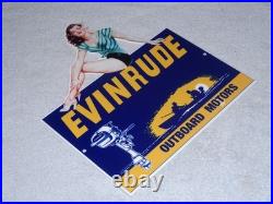 Vintage Evinrude Outboard Boat Motor Woman? 12 Metal Marine Gasoline Oil Sign Vintage Evinrude Outboard Boat Motor Woman? 12 Metal Marine Gasoline Oil Sign