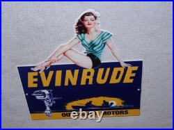Vintage Evinrude Outboard Boat Motor Woman? 12 Metal Marine Gasoline Oil Sign Vintage Evinrude Outboard Boat Motor Woman? 12 Metal Marine Gasoline Oil Sign