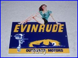 Vintage Evinrude Outboard Boat Motor Woman? 12 Metal Marine Gasoline Oil Sign Vintage Evinrude Outboard Boat Motor Woman? 12 Metal Marine Gasoline Oil Sign