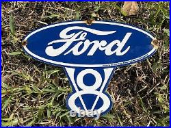 Vintage FORD Porcelain Sign V8 Motor 1939 Michigan Car Truck Factory Gas Oil