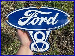 Vintage FORD Porcelain Sign V8 Motor 1939 Michigan Car Truck Factory Gas Oil
