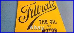 Vintage Filtrate Motor Oil Sign Gasoline Pump Plate Engine Lube Porcelain Sign