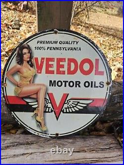 Vintage Flying A Gasoline Porcelain Veedol Motor Oil Service Gas Pump Plate Sign