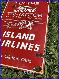 Vintage Ford Porcelain Sign Airplane Tri-motor Oil & Gas Island Airlines Plane
