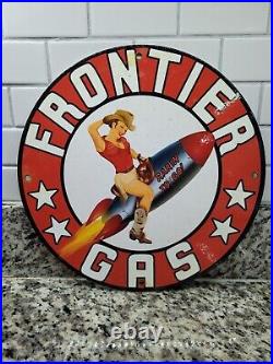 Vintage Frontier Gas Porcelain Sign Motor Oil Gas Station Pump Plate Woman 12