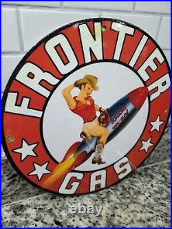 Vintage Frontier Gas Porcelain Sign Motor Oil Gas Station Pump Plate Woman 12