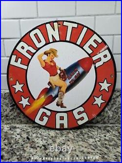 Vintage Frontier Gas Porcelain Sign Motor Oil Gas Station Pump Plate Woman 12