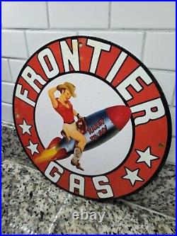 Vintage Frontier Gas Porcelain Sign Motor Oil Gas Station Pump Plate Woman 12