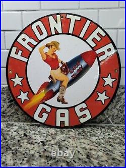 Vintage Frontier Gas Porcelain Sign Motor Oil Gas Station Pump Plate Woman 12