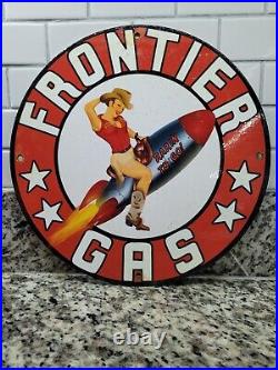Vintage Frontier Gas Porcelain Sign Motor Oil Gas Station Pump Plate Woman 12