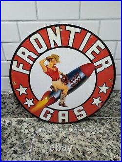 Vintage Frontier Gas Porcelain Sign Motor Oil Gas Station Pump Plate Woman 12