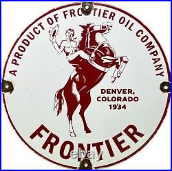 Vintage Frontier Gasoline Porcelain Sign Gas Station Motor Oil Bucking Bronco