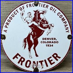 Vintage Frontier Gasoline Porcelain Sign Gas Station Motor Oil Bucking Bronco