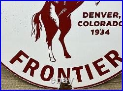 Vintage Frontier Gasoline Porcelain Sign Gas Station Motor Oil Bucking Bronco