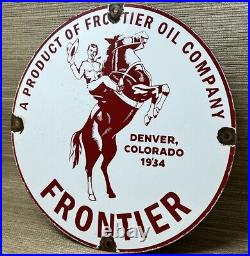 Vintage Frontier Gasoline Porcelain Sign Gas Station Motor Oil Bucking Bronco