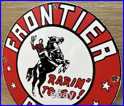 Vintage Frontier Gasoline Porcelain Sign Gas Station Motor Oil Bucking Bronco Vintage Frontier Gasoline Porcelain Sign Gas Station Motor Oil Bucking Bronco