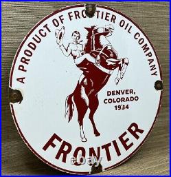 Vintage Frontier Gasoline Porcelain Sign Gas Station Motor Oil Bucking Bronco