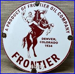 Vintage Frontier Gasoline Porcelain Sign Gas Station Motor Oil Bucking Bronco