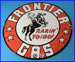 Vintage Frontier Gasoline Sign Western Motor Oil Gas Pump Porcelain Sign