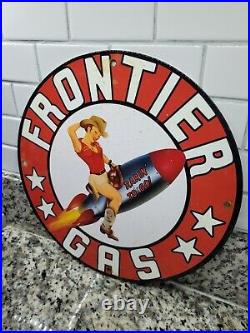Vintage Frontier Porcelain Sign Motor Oil Gas Station Missle Rocket Rodeo Girl