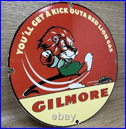 Vintage Gilmore Gasoline Porcelain Sign Gas Station Pump Plate Motor Oil Can Vintage Gilmore Gasoline Porcelain Sign Gas Station Pump Plate Motor Oil Can
