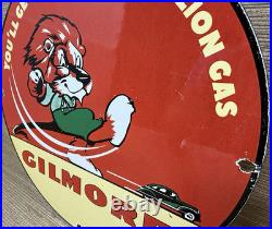 Vintage Gilmore Gasoline Porcelain Sign Gas Station Pump Plate Motor Oil Can Vintage Gilmore Gasoline Porcelain Sign Gas Station Pump Plate Motor Oil Can