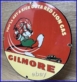 Vintage Gilmore Gasoline Porcelain Sign Gas Station Pump Plate Motor Oil Can Vintage Gilmore Gasoline Porcelain Sign Gas Station Pump Plate Motor Oil Can