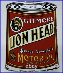 Vintage Gilmore Lion Head Motor Oil Can Porcelain Sign Gas Station Pump Plate