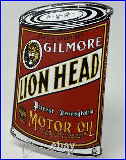 Vintage Gilmore Lion Head Motor Oil Can Porcelain Sign Gas Station Pump Plate