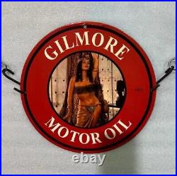 Vintage Gilmore Motor Oil Naked Pinup Girl Porcelain Gas Oil Station Pump Sign