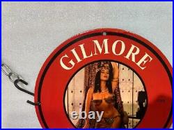 Vintage Gilmore Motor Oil Naked Pinup Girl Porcelain Gas Oil Station Pump Sign