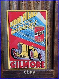 Vintage Gilmore Porcelain Sign Lion Head Fuel Car Motor Oil Automobile Service