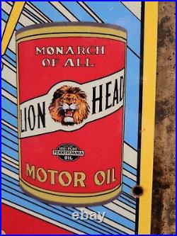 Vintage Gilmore Porcelain Sign Lion Head Fuel Car Motor Oil Automobile Service