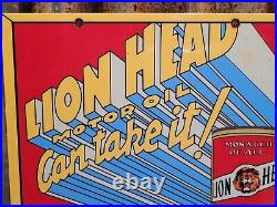 Vintage Gilmore Porcelain Sign Lion Head Fuel Car Motor Oil Automobile Service