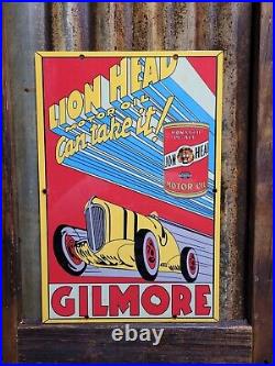 Vintage Gilmore Porcelain Sign Lion Head Fuel Car Motor Oil Automobile Service