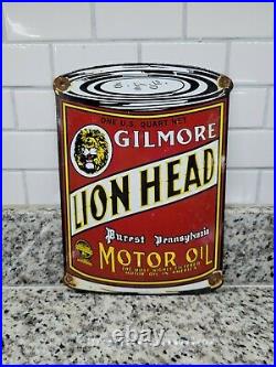 Vintage Gilmore Porcelain Sign Lion Head Motor Oil Gas Station Service Metal Can