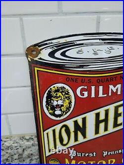 Vintage Gilmore Porcelain Sign Lion Head Motor Oil Gas Station Service Metal Can
