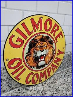 Vintage Gilmore Porcelain Sign Lion Head Motor Oil Gas Station Service Pump Farm