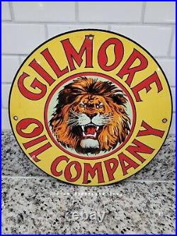 Vintage Gilmore Porcelain Sign Lion Head Motor Oil Gas Station Service Pump Farm