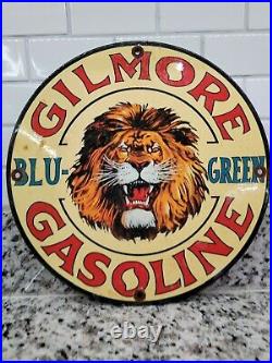 Vintage Gilmore Porcelain Sign Motor Oil Gas Station Service Pump Blue Green 12
